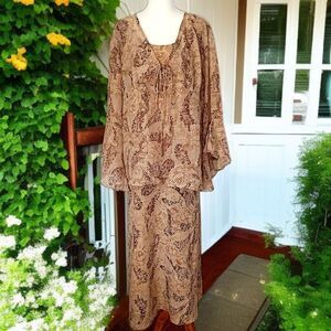 Mint Julep Maxi 2 Piece Dress Sz 2X Bohemian Flowy Crinkled Tropical Bell Sleeve